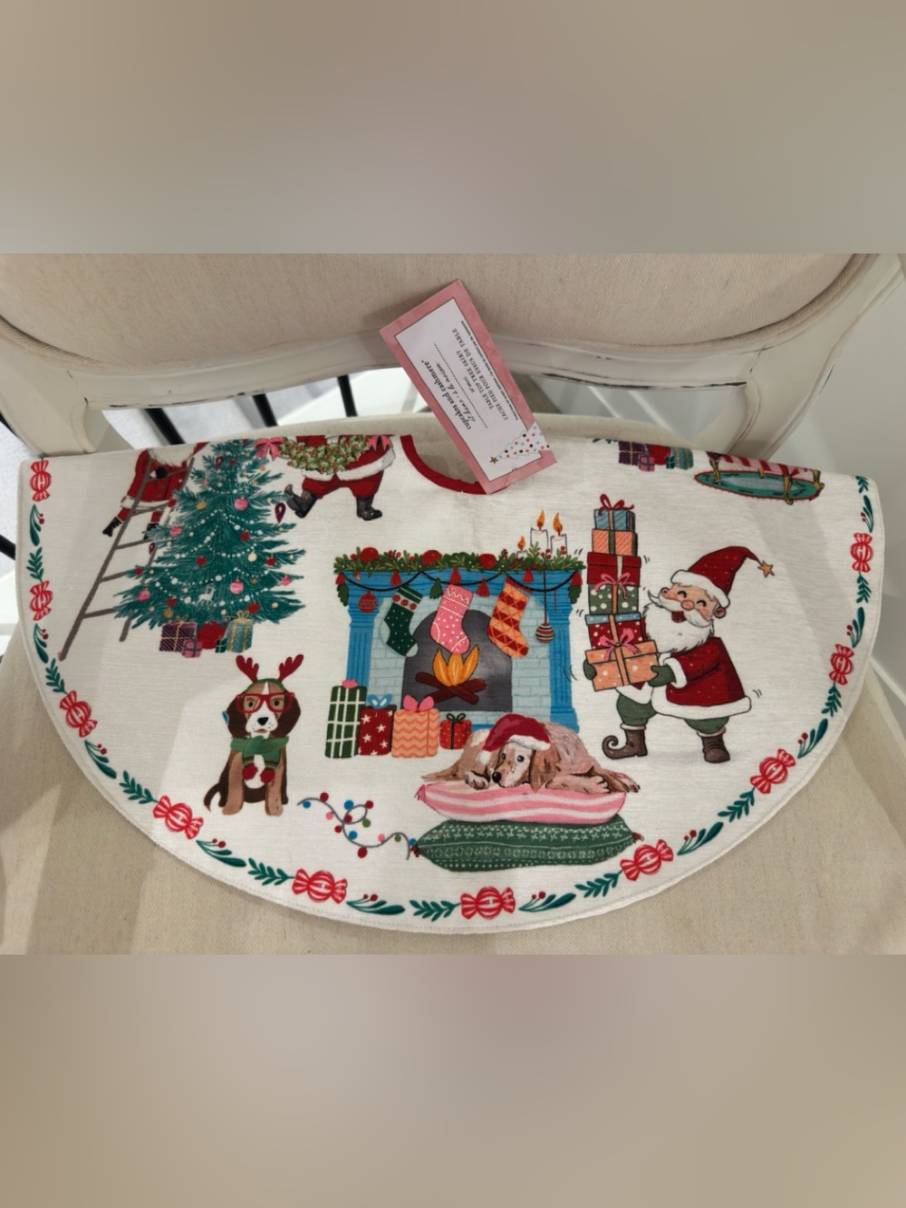 Cupcakes and Cashmere Table Top Santa & Doggy Christmas Tree Skirt Ivory NWT